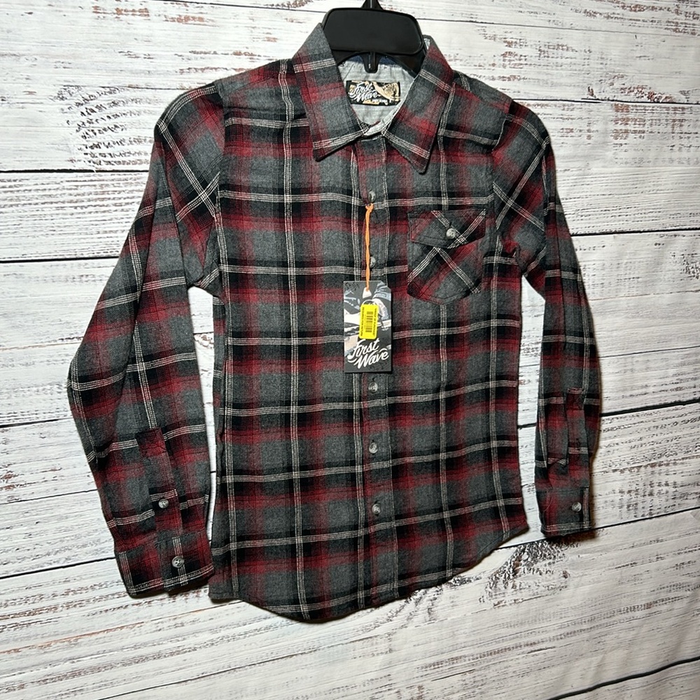 First Wave Dillards Charcoal Flannel Button Up Boys Size 10/12 NWT - Picture 3 of 15